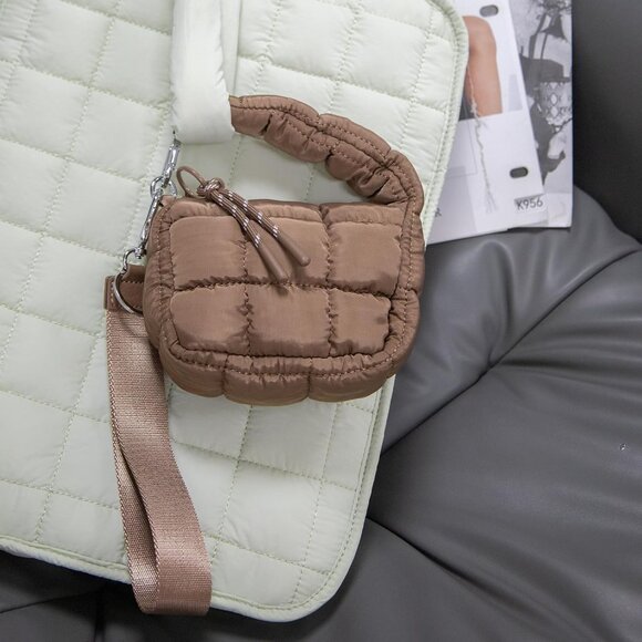 Women's Cute Mini Quilted Wristlet Charm Gift Pouch Puffer Brown Evening Handbag - Picture 6 of 7